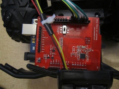 The Arduino RedBearLabs Bluetooth low energy shield.